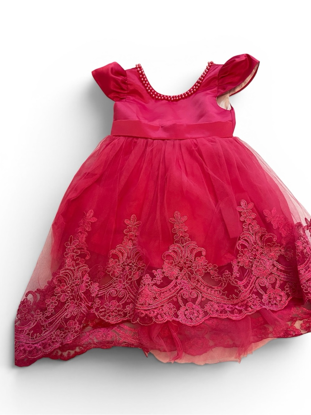 Girls' Formal Pink Lace Tulle Dress with Pearl Trim